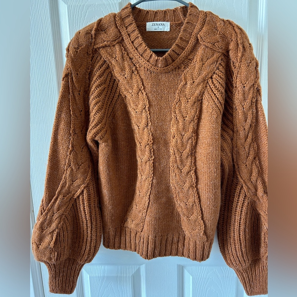 Chunky Orange Sweater,‎ Bishop Sleeves, Zenana Size Small, Autumn Knit